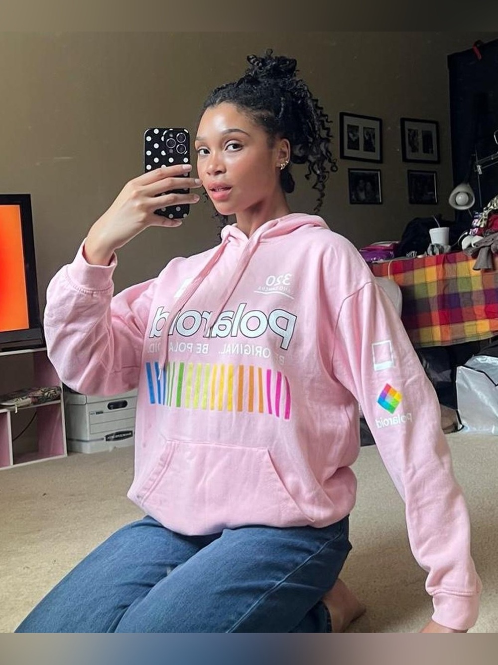 Pink Polaroid graphic print hoodie, cotton blend
